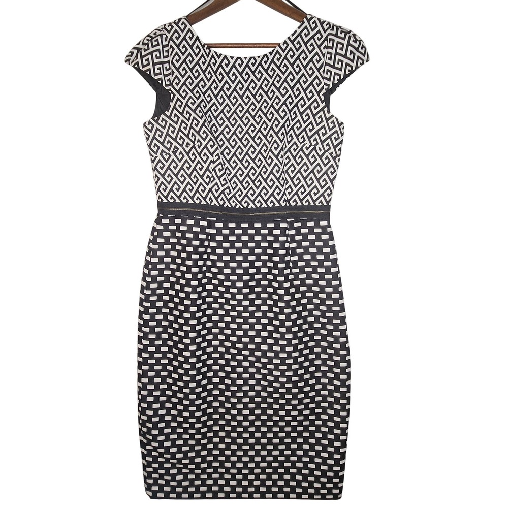 Taylor Women's Midi Dress Size 4 Low Square Back Cap Sleeve‎ Black/White